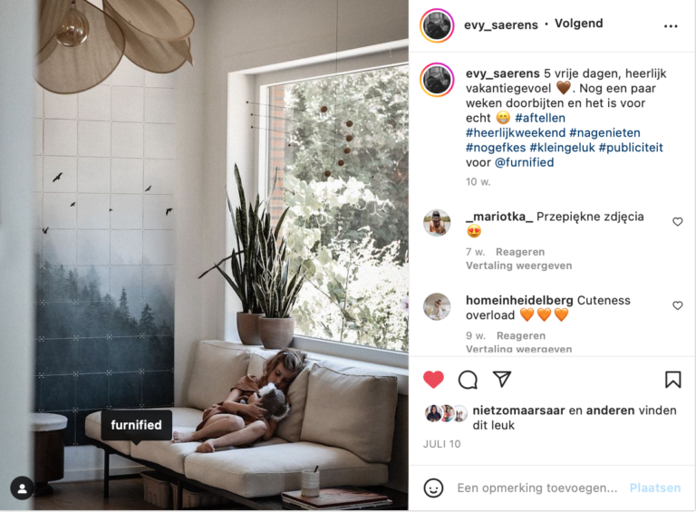Instagrampost Evy Saerens over Furnified als resultaat van public relations en influencer campagne
