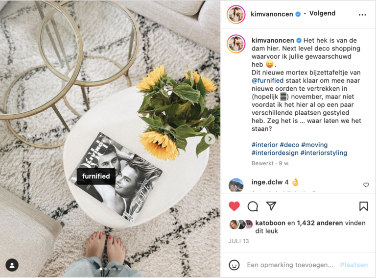 Instagrampost Kim Van Oncen over Furnified als resultaat van public relations en influencer campagne