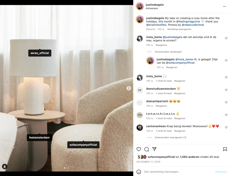 Instagrampost van Justine Kegels als resultaat van een influencer campagne voor interieurmerk SOFACOMPANY