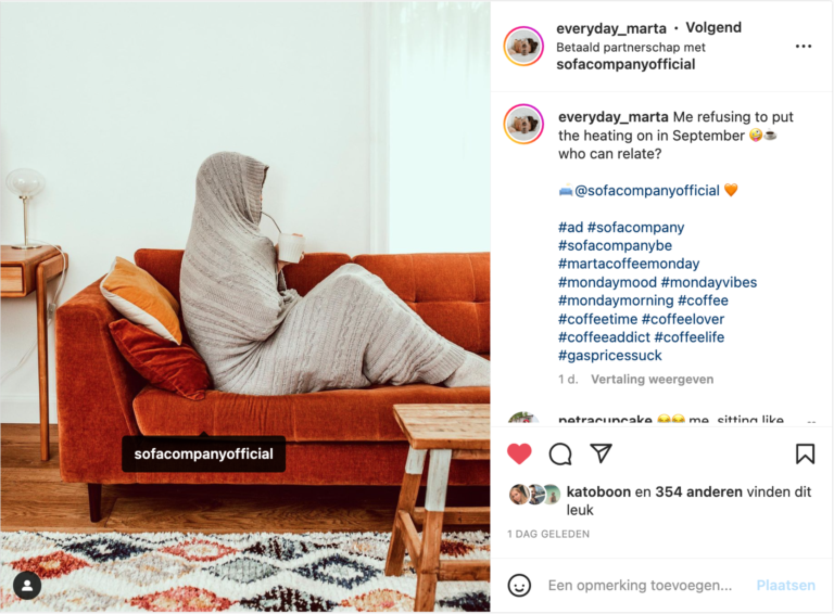Instagrampost van Marta Majewska als resultaat van een influencer campagne voor interieurmerk SOFACOMPANY