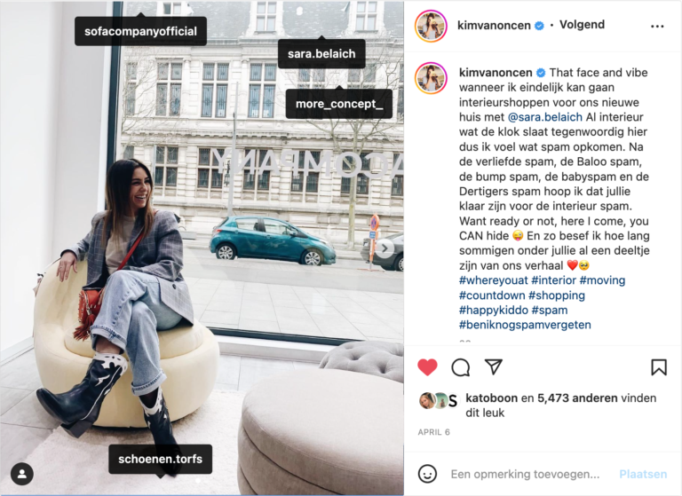 Instagrampost van Kim Van Oncen als resultaat van een influencer campagne voor interieurmerk SOFACOMPANY