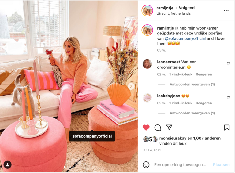 Instagrampost van Marijn Post als resultaat van een influencer campagne voor interieurmerk SOFACOMPANY
