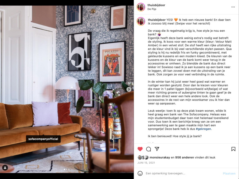 Instagrampost van Doortje Kruisheer als resultaat van een influencer campagne voor interieurmerk SOFACOMPANY