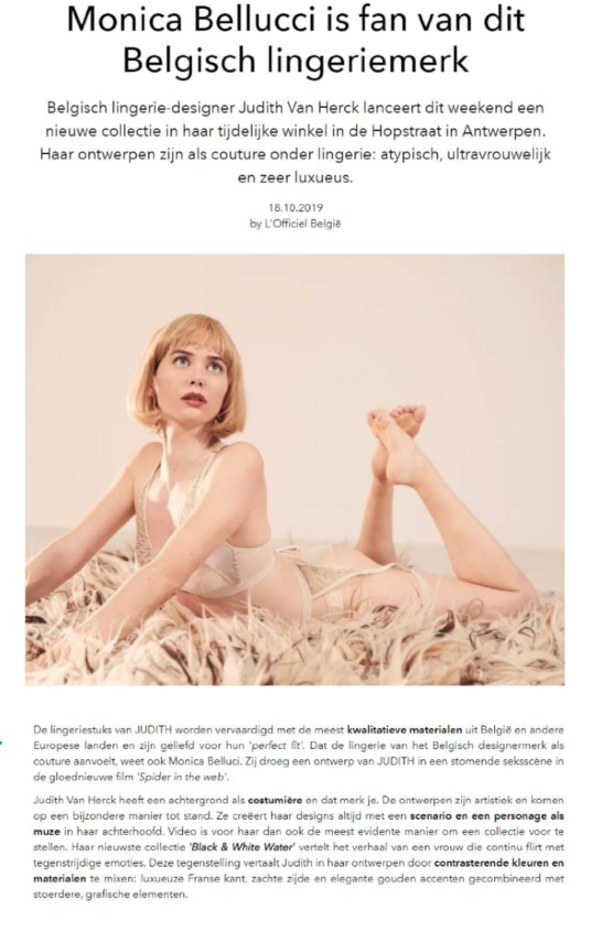 Artikel in L'Officiel.be over Judith lingerie als resultaat van public relations campagne