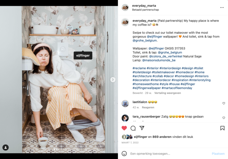 Instagrampost van Marta Majewska als resultaat van een influencer campagne voor interieurmerk Eijffinger