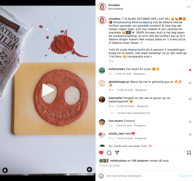 Instagrampost van Tinneke Segers als resultaat van een influencer campagne voor foodmerk No Fairytales
