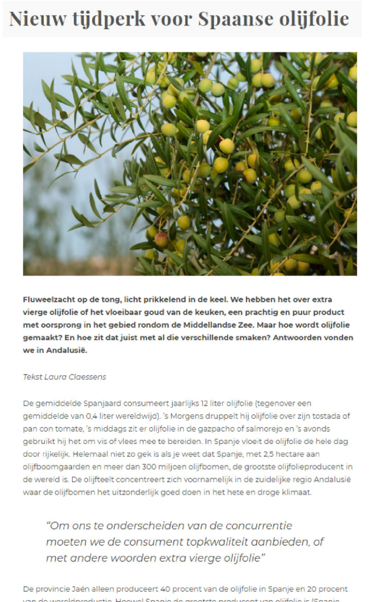 Online artikel in Culinaire Ambianceover Olive Oils from Spain als resultaat van public relations campagne