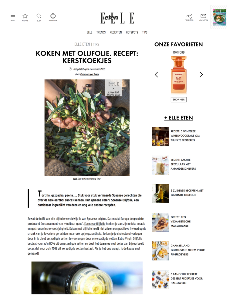 Online artikel in Elle Eten over Olive Oils from Spain als resultaat van public relations campagne