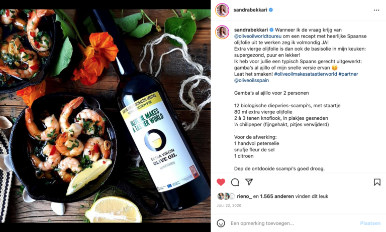 Instagrampost van Sandra Bekkari als resultaat van een influencer campagne voor Olive Oils from Spain