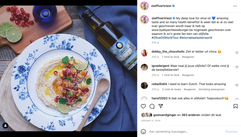 Instagrampost van Steffi Vertriest als resultaat van een influencer campagne voor Olive Oils from Spain